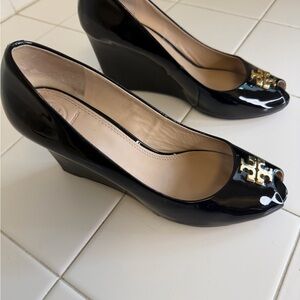 Tory Burch Black Patent Wedges with Gold Accent